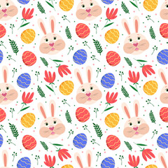 seamless pattern with easter rabbits, easter eggs and flowers on white background