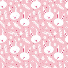 seamless pattern with bunnies and flowers on pink background