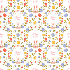 Cute Easter pattern with bunnies, flowers and colourful Easter eggs, design for wrapping paper, gifts, textile.