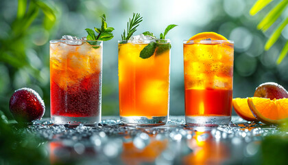 Colorful Fruit and Berries Drinks with Ice and herbs. Summer freshness cocktails - obrazy, fototapety, plakaty