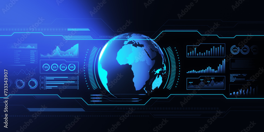 Aufkleber abstract holographic screen with digital globe interface and business chart on blurry blue backgroun