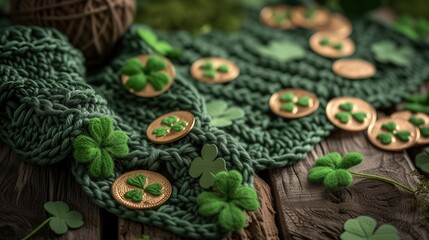 crochet wool traditional Irish luck symbols with clovers gold coins and shamrocks, st patrick day concept visual background - obrazy, fototapety, plakaty