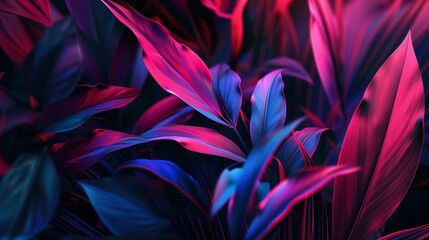vivid tropical foliage in striking neon hues of pink and blue