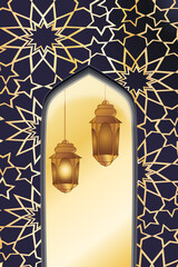 Arabic Ramadan Kareem editable poster with vector Muslim ornament. Arabic lantern 