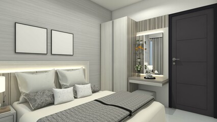 Fototapeta na wymiar Minimalist Interior Bedroom with Simple Wardrobe Cabinet and Dressing Table