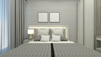 Fototapeta na wymiar Minimalist Bedroom Design with Simple Wooden Headboard and Lighting Decoration