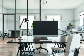 Modern concrete, glass and wooden coworking office interior with mock up place on computer screen, furniture and equipment. No people. 3D Rendering.