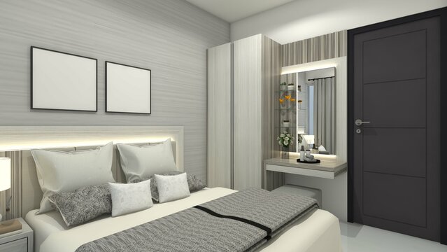Minimalist Interior Bedroom with Simple Wardrobe Cabinet and Dressing Table