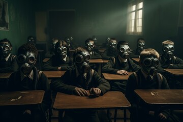 students with sovietic gas mask sitting at classroom desks , dark colors