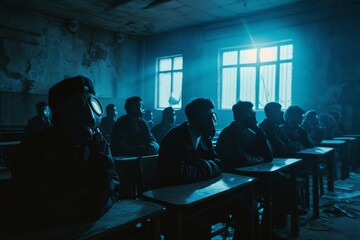 students with sovietic gas mask sitting at classroom desks , dark colors