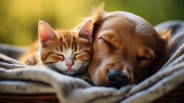 Dog and cat sleeping together, cute.
