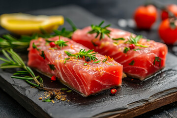 Fresh Tuna Fish Steaks with Lemon and Herbs on a Slate Plate
