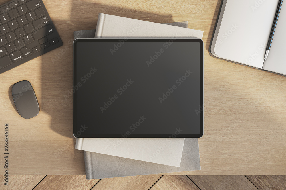 Poster top view of empty tablet on wooden office desk with supplies and equipment. mock up, 3d rendering.