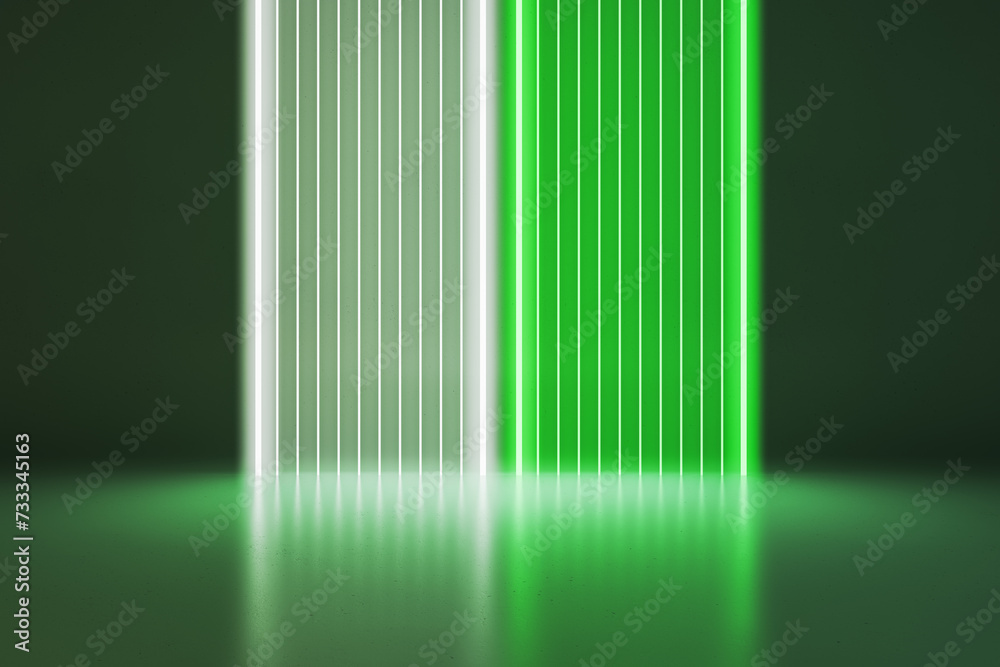 Canvas Prints modern colorful green glass interior illumination and reflections. neon lights podium. 3d rendering.