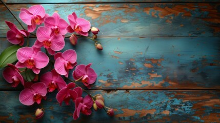 Vibrant Pink Orchid Flowers Arranged on Rustic Blue Wooden Background for Mothers Day