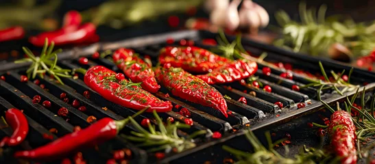 Tuinposter Sizzling Red Hot Chili Peppers on Grill with Fresh Herbs and Spices  © Infini Craft
