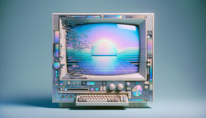 Y2K-inspired CRT monitor with metallic textures and digital disintegration.