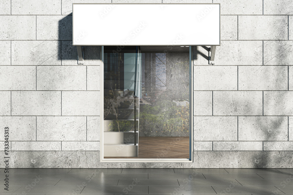 Aufkleber Modern daylit glass storefront in concrete building with empty white mock up stopper. 3D Rendering.