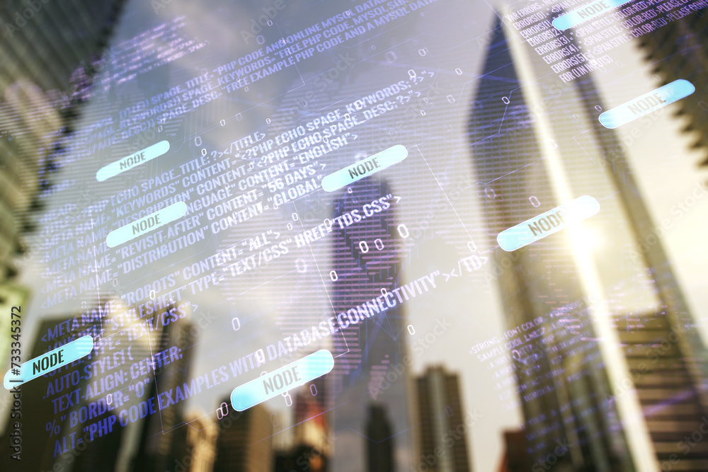 Poster multi exposure of abstract programming language hologram and world map on blurry cityscape backgroun
