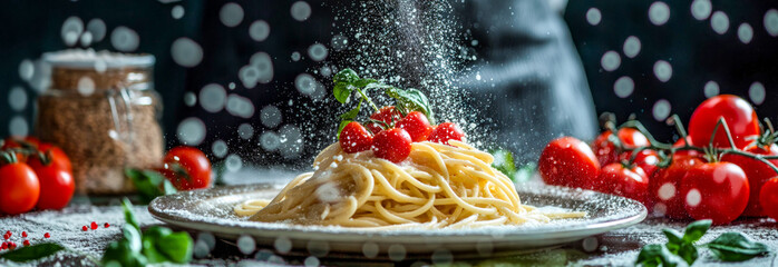 Spaghetti with Fresh Tomatoes and Basil under a Sprinkle of Parmesan Cheese
