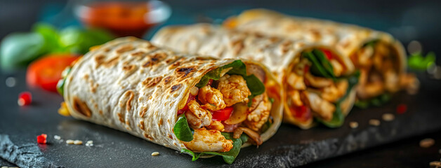 Chicken Fajita Wrap with Vegetables on Slate Board
