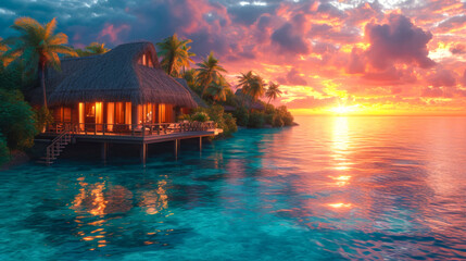 Sunset View of Overwater Bungalow in Tropics