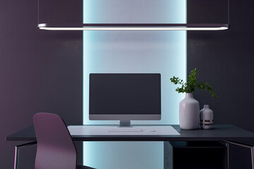 Modern desk with striking blue backlight, minimalist chair, and decorative foliage. 3D Rendering