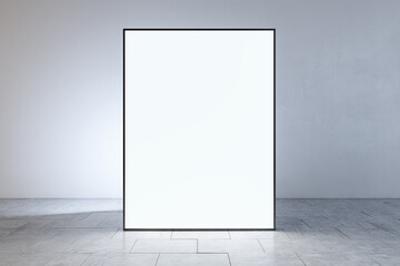 Simple light gallery interior with blank white mock up banners. Museums and exhibition concept. 3D Rendering.