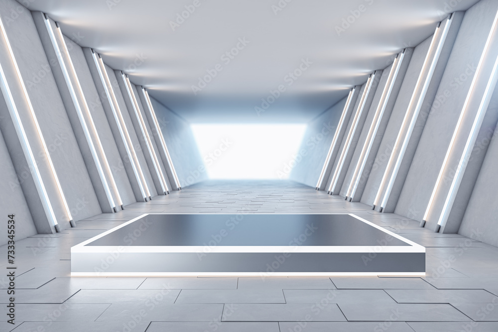 Poster modern spacious light tunnel interior with pedestal and mock up place. 3d rendering.