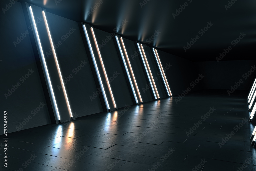 Poster side view of modern spacious dark tunnel interior with mock up place. 3d rendering.