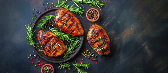Grilled Chicken Breasts with Rosemary on Dark Background
