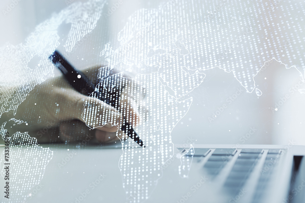 Poster multi exposure of abstract creative digital world map and hand writing in notebook on background wit