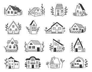 Hand drawn cozy houses. Minimalist line art cottage, vintage country house and sweet home vector doodle illustration set