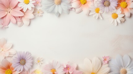 Fototapeta na wymiar Soft pastel floral border with pink and white daisies on a textured background. Flat lay composition with place for text. Spring and nature concept for design and print