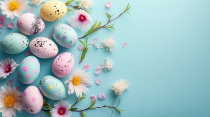 Fototapeta premium Colorful speckled Easter eggs with spring daisies on a pastel blue background. Festive and vibrant Easter egg decoration with fresh spring flowers. Flat lay composition with copy space.