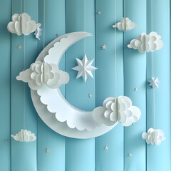 Free background of paper cut style moon and clouds hanging in a dreamy and whimsical atmosphere. Suitable for celestial-themed events or decorations.