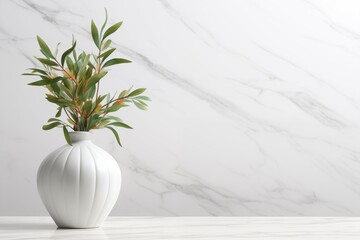 Closeup vase and plants on white marble table and white marble wall backgrounds with copy space