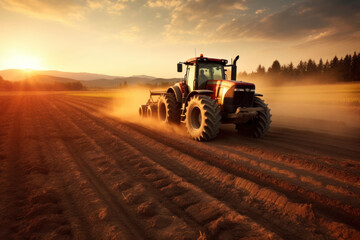 Fototapeta premium Tractor Plowing Field at Sunset in Rural Landscape