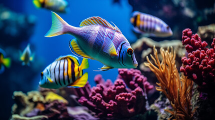 Naklejka na ściany i meble Colorful fish swims among corals underwater background