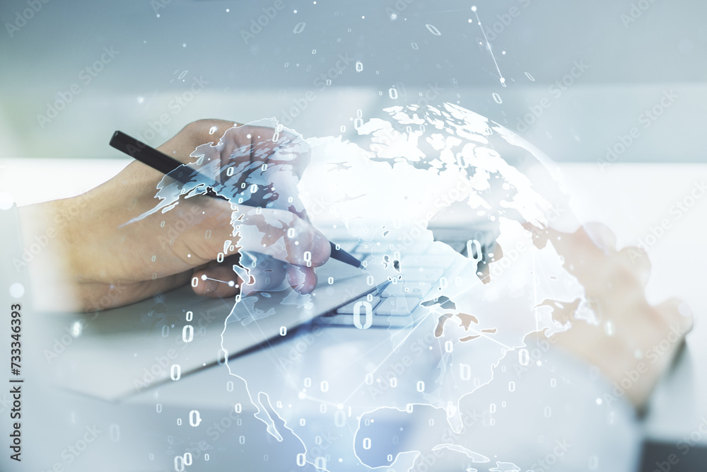 Aufkleber double exposure of abstract programming language with world map and hand writing in notebook on back