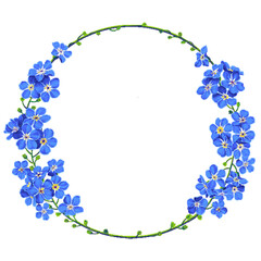 A round frame with blue forget-me-nots in a wallpaper for your product design, postcards, invitations, labels, window decoration and advertising with a spring theme, print for clothes and textiles.