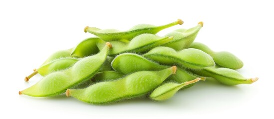 A pile of fresh green soybeans in their pods, a staple food in many cuisines. Soybeans are a versatile ingredient in dishes and belong to the legume family.