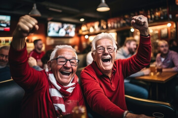 Two mature man friends soccer fan support team in pub - 733346533