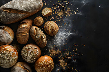 Bread, buns and bread rolls on black background. Assortment of different types of breads on dark black chalkboard
