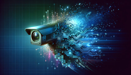 Futuristic surveillance camera disintegrating into pixels, revealing intricate circuitry.