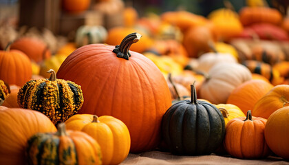 Autumn background with colorful pumpkins and gourds