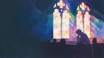 A colorful watercolor painting of person praying in a church  on black background 