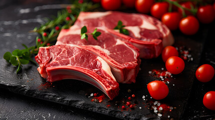 Fresh raw meat on slate black board top view. Variety of spices, seasoning for cooking, grilling