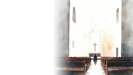 Person praying in a church on white background