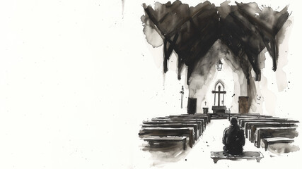 Black ink watercolor painting of person praying in a church isolated on white background - obrazy, fototapety, plakaty